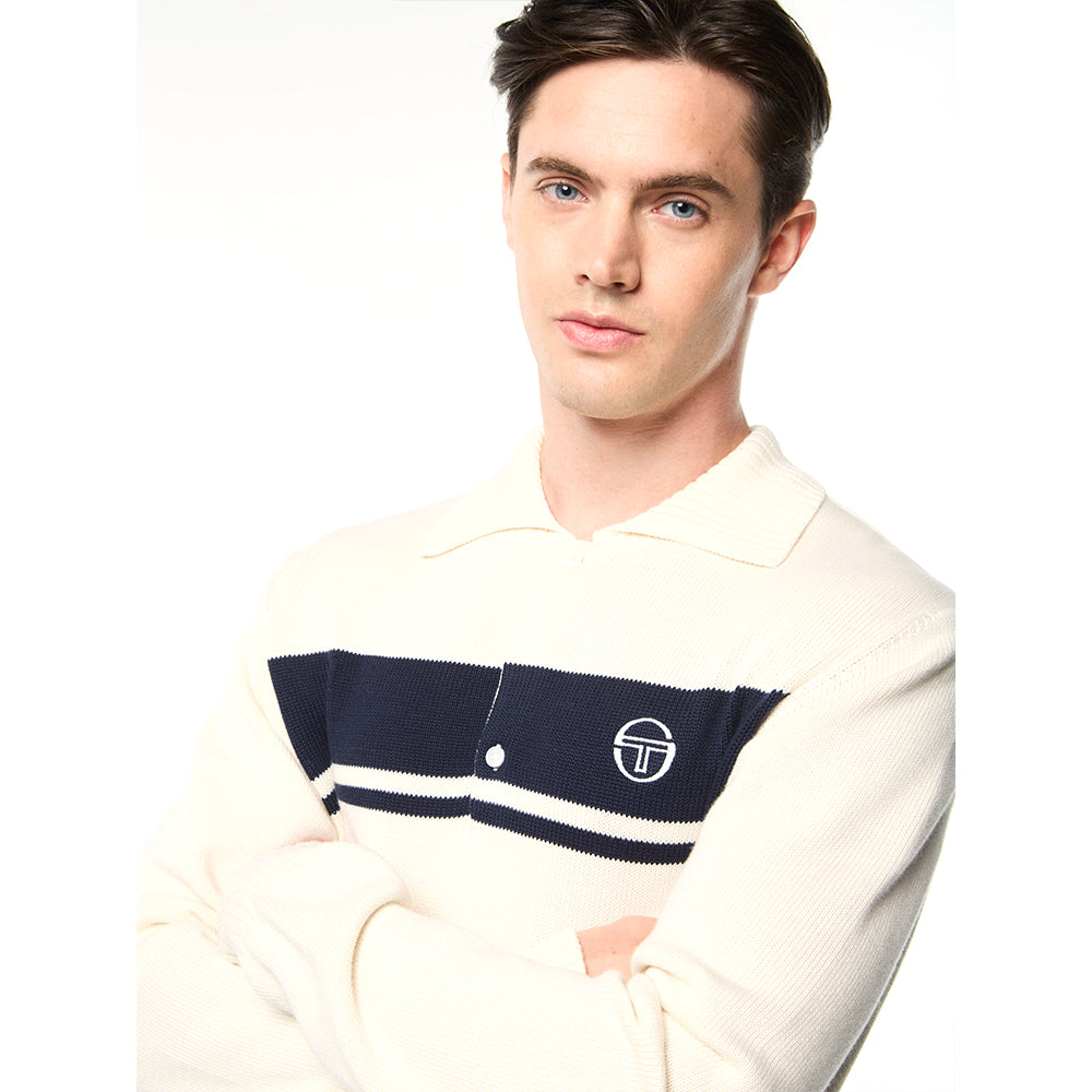 Sergio Tacchini Damarindo Long Sleeve Knit Polo - Gardenia/ Maritime Blue