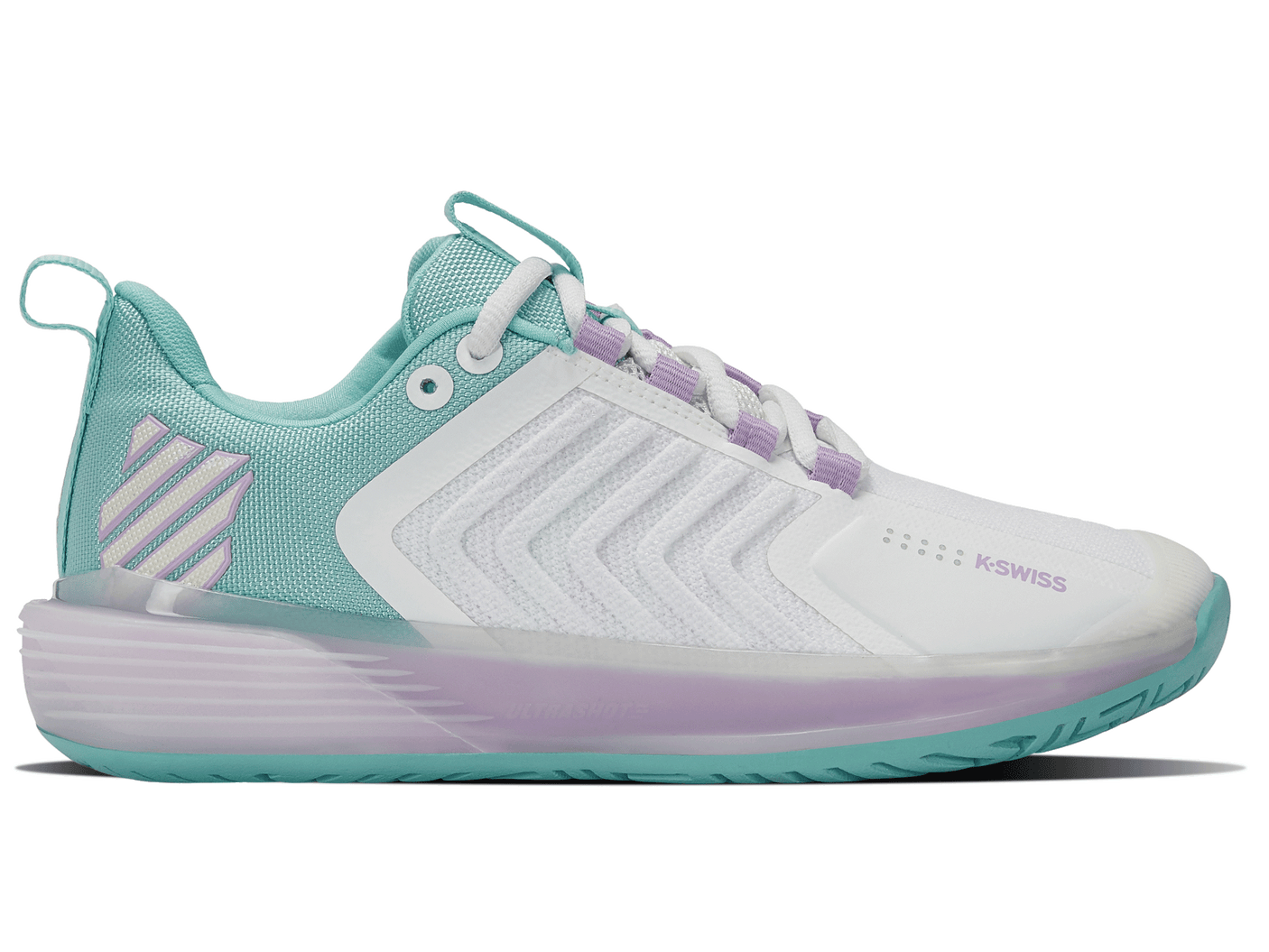 Zapatillas K-Swiss Ultrashot 3 para mujer | Blanco brillante/Azul ángel/Lila transparente
