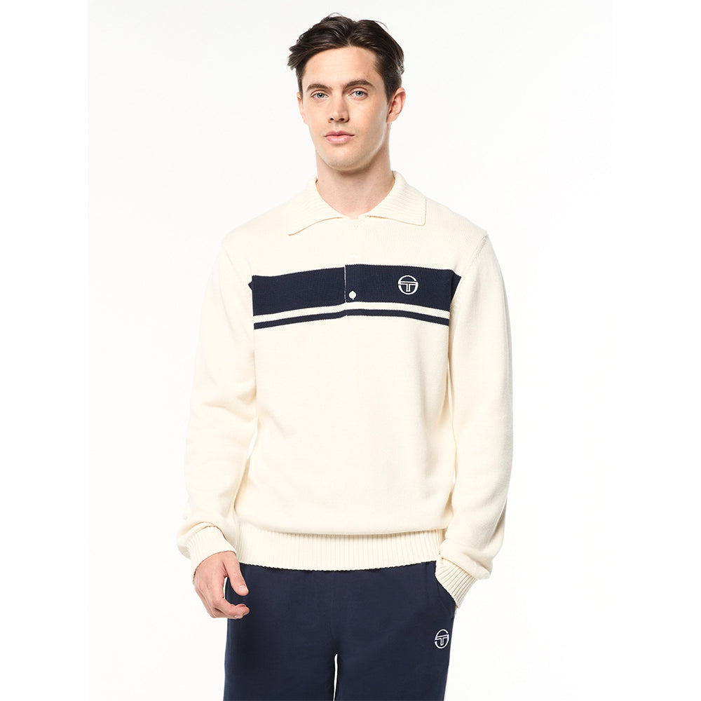 Sergio Tacchini Damarindo Long Sleeve Knit Polo - Gardenia/ Maritime Blue