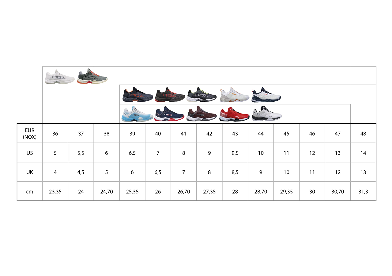 Nox Padel Shoes tables size guide