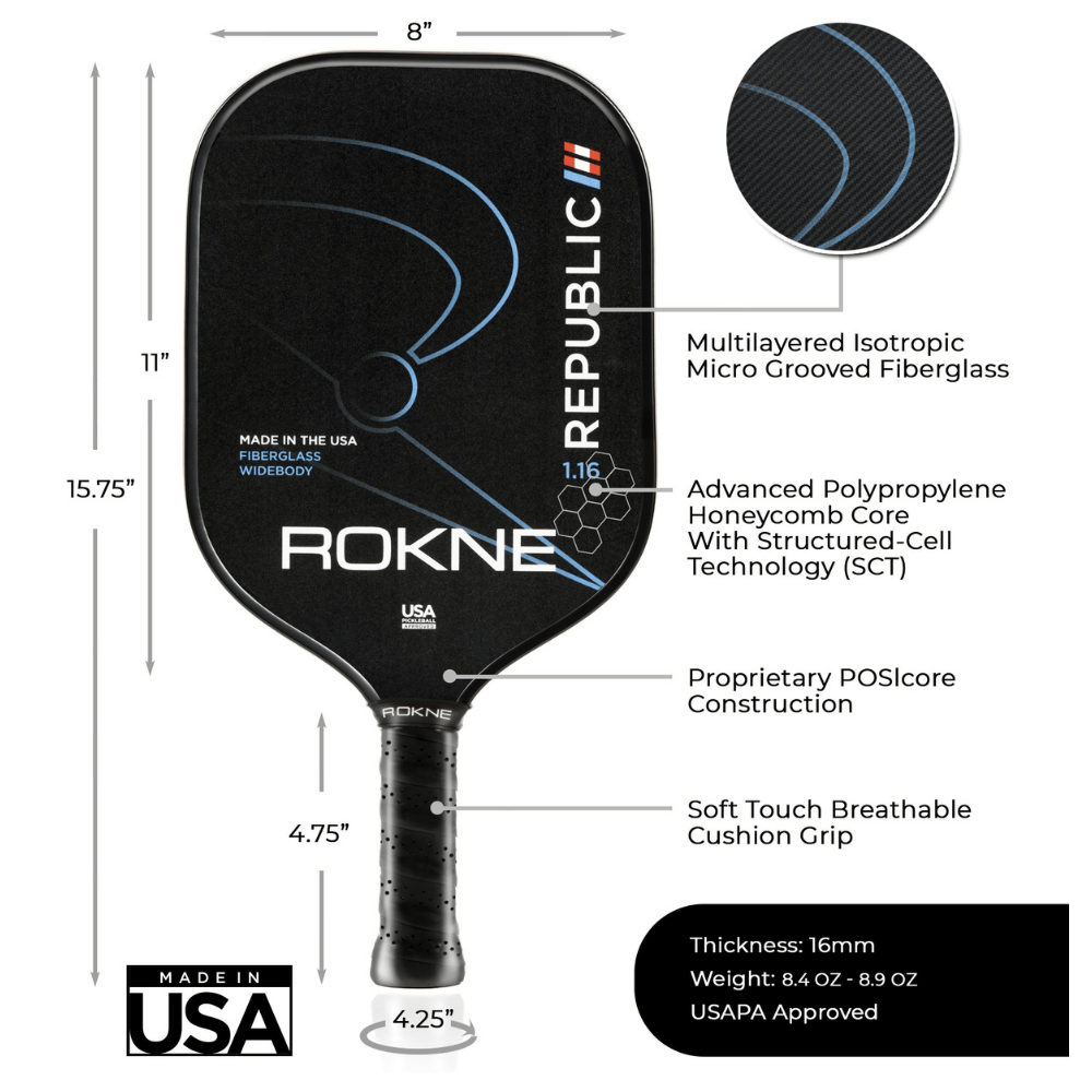 Rokne Pickleball Paddle Republic 1.16 - Isotropic Fiberglass