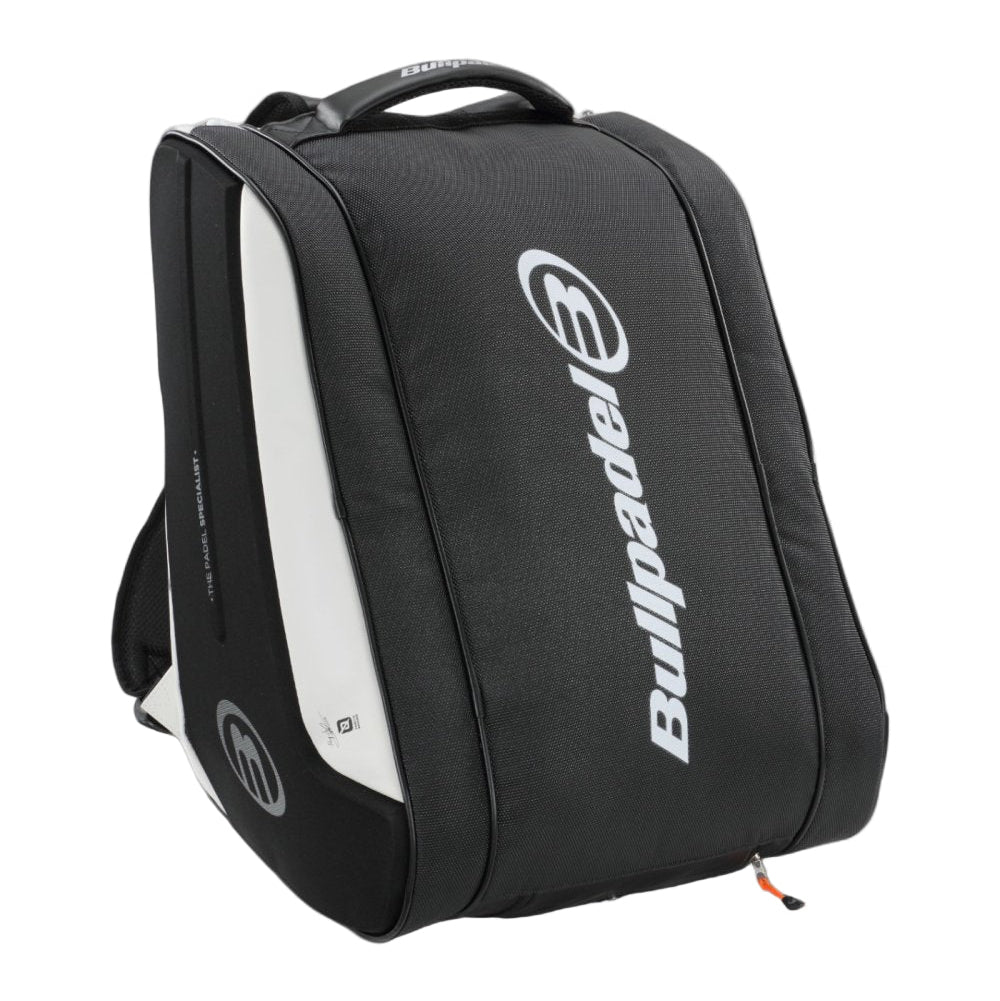 Black backpack with Bullpadel logo on a white background