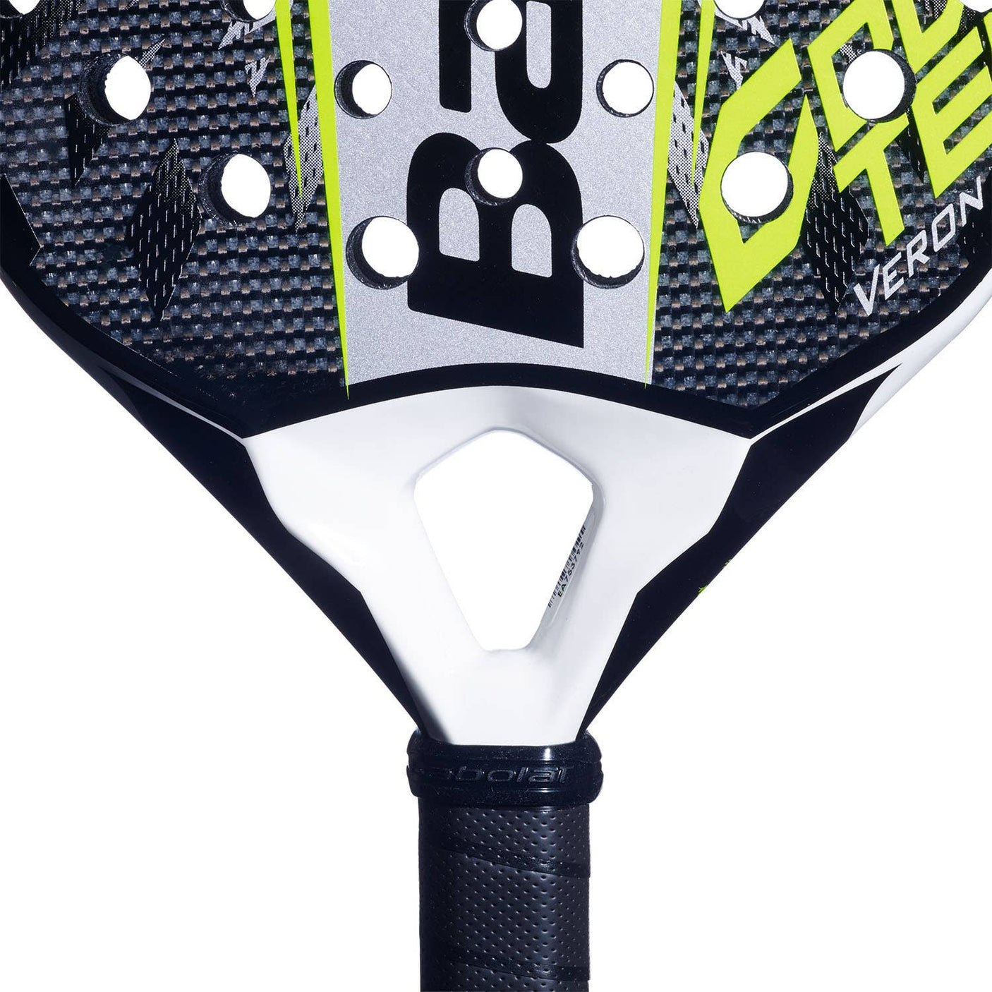 Babolat Counter Veron 2.6 handle close-up with wrapped grip and end cap logo