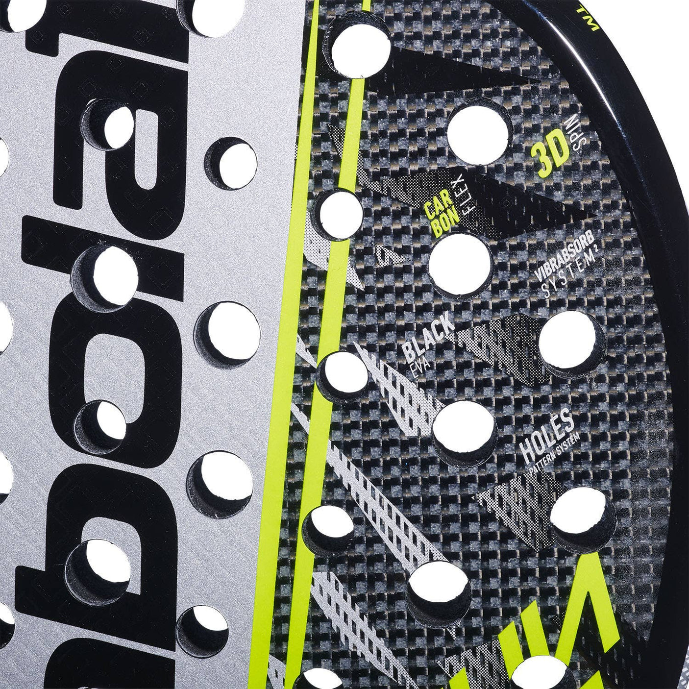 Babolat Counter Veron 2.6 face close-up showing carbon pattern and drilled holes
