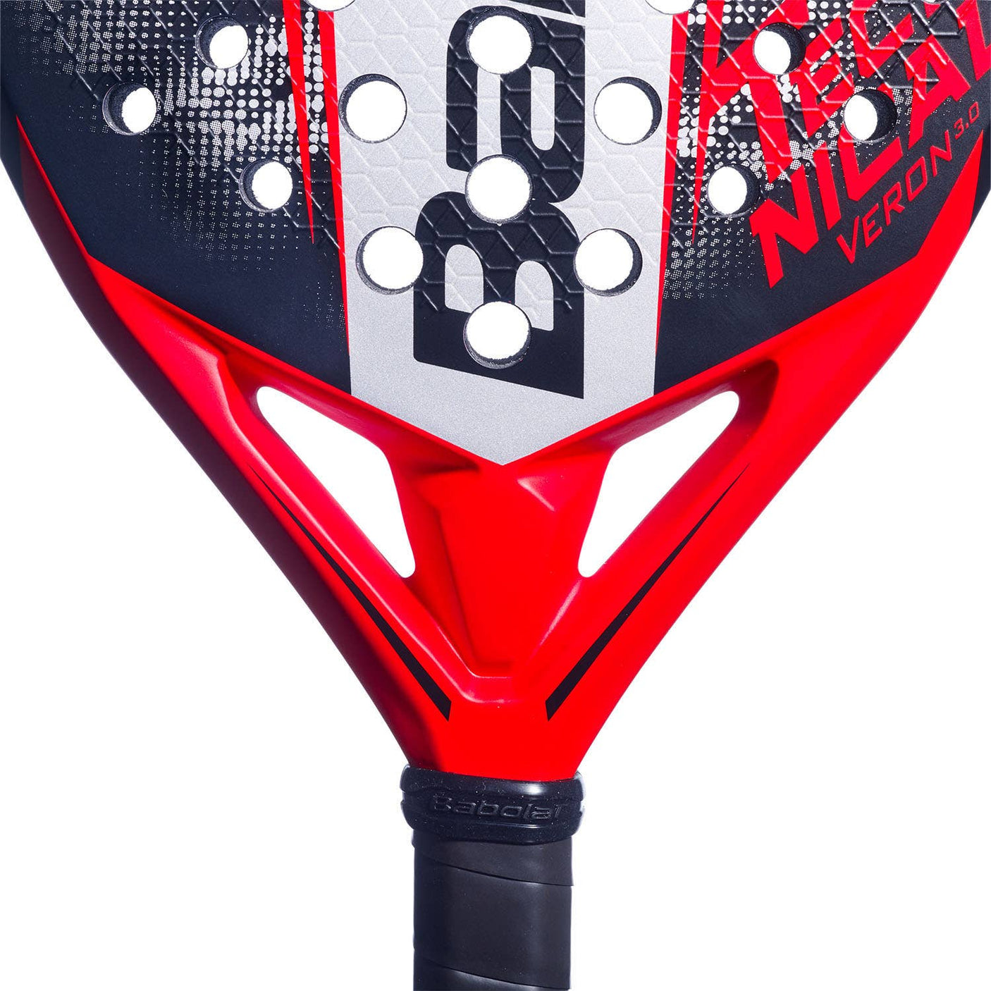 Babolat Technical Veron 3.0 primer plano del mango con grip enrollado y tapa con logo