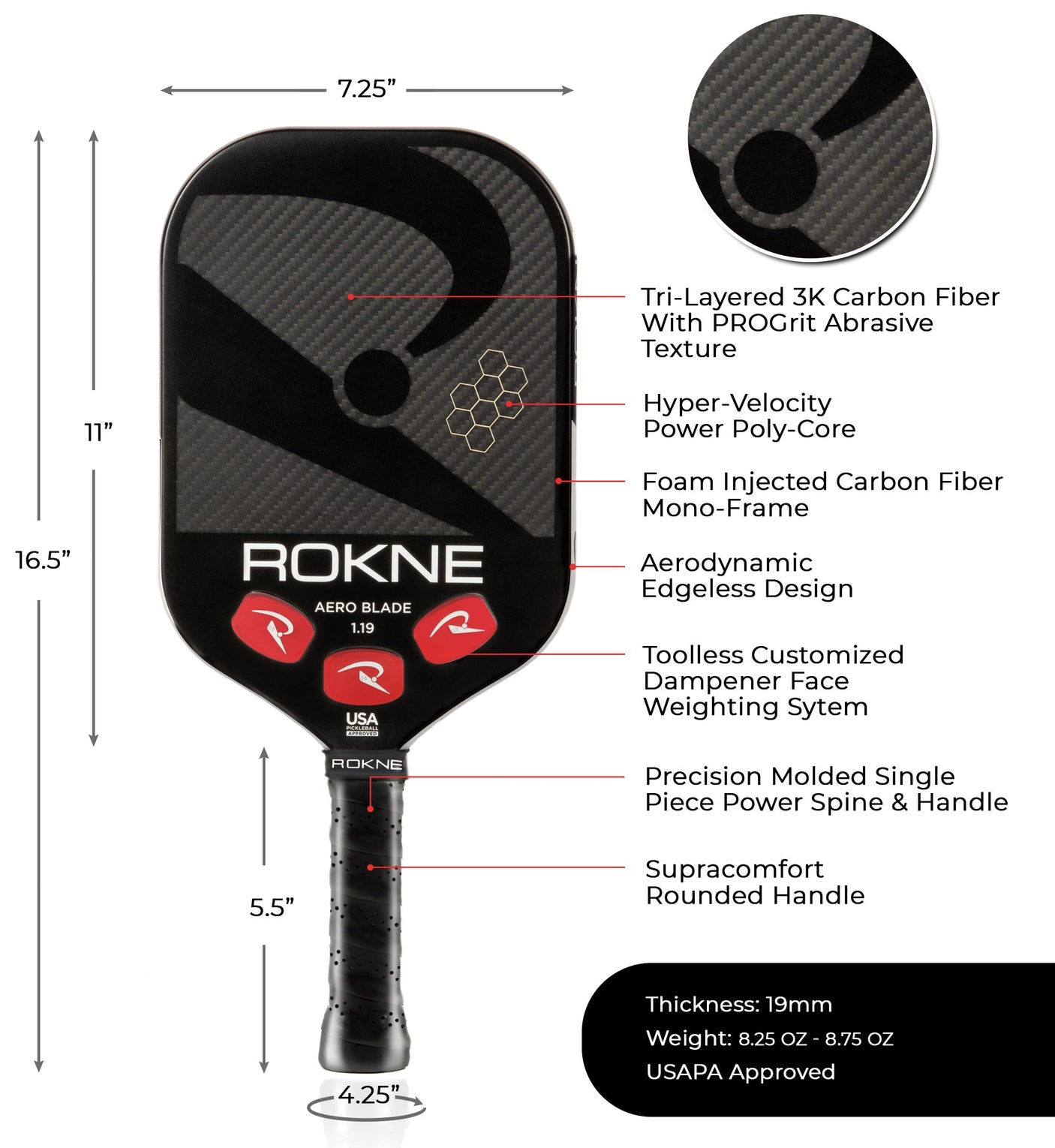 Rokne Pickleball Paddle Aero Blade 1.19