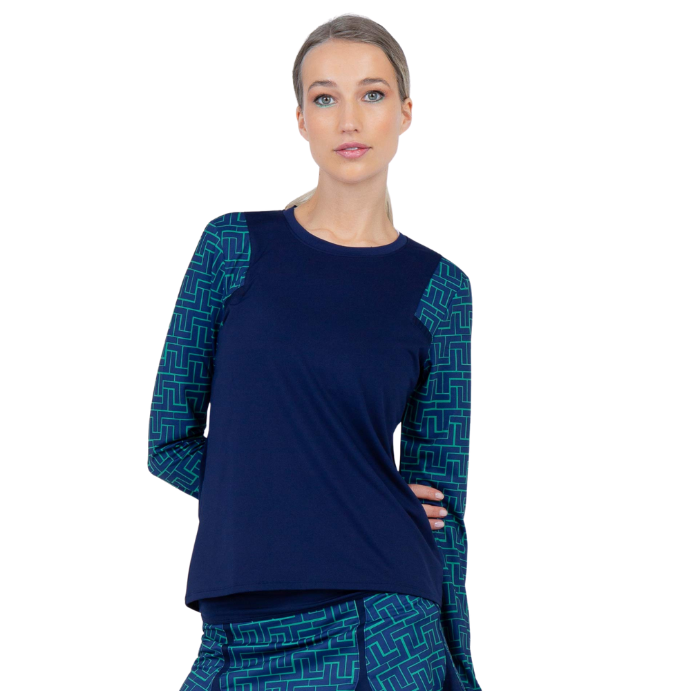 inPhorm NYC Colorblock Active Sofia Long Sleeve Crew Neck - Ink/Ink Tessel