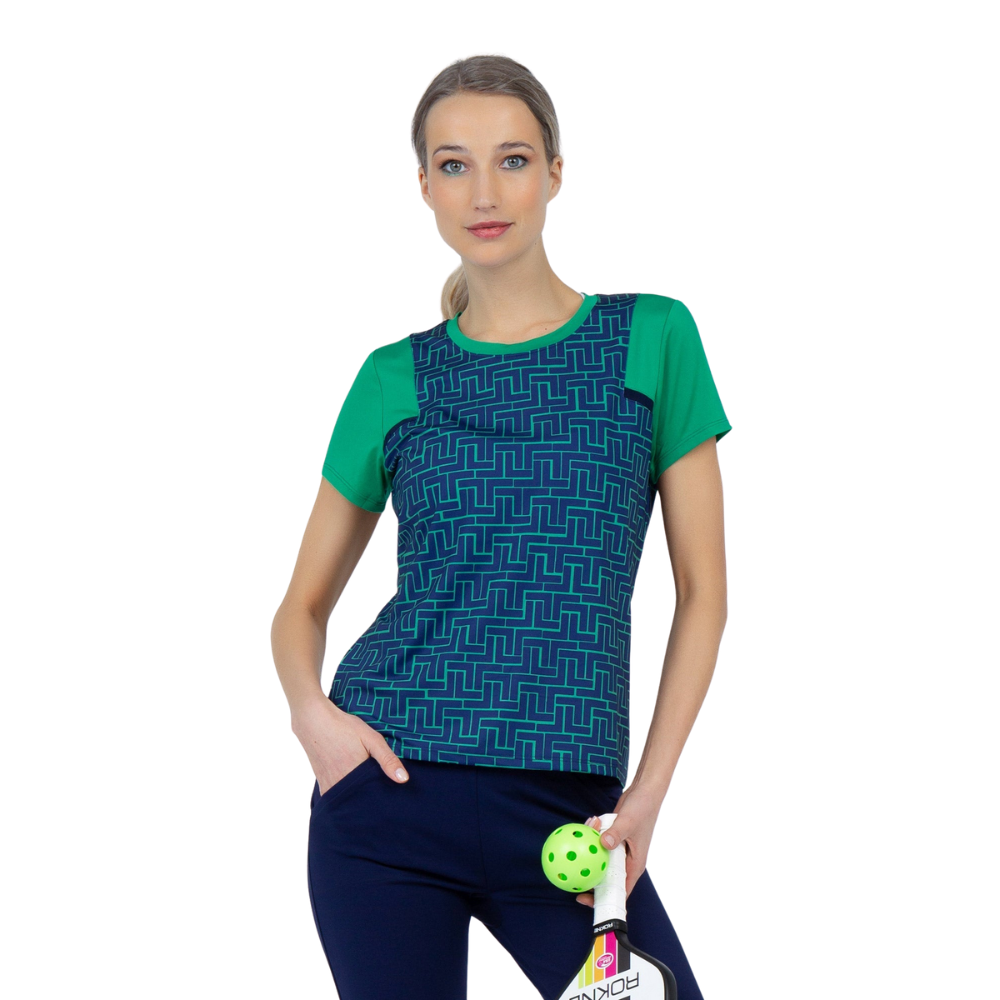 inPhorm NYC Colorblock Active Sofia Short Sleeve Crew Neck - Ink Tessel/Ivy