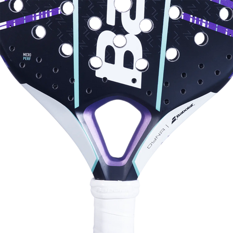 Babolat Dyna Spirit handle close-up with wrapped grip and logo cap