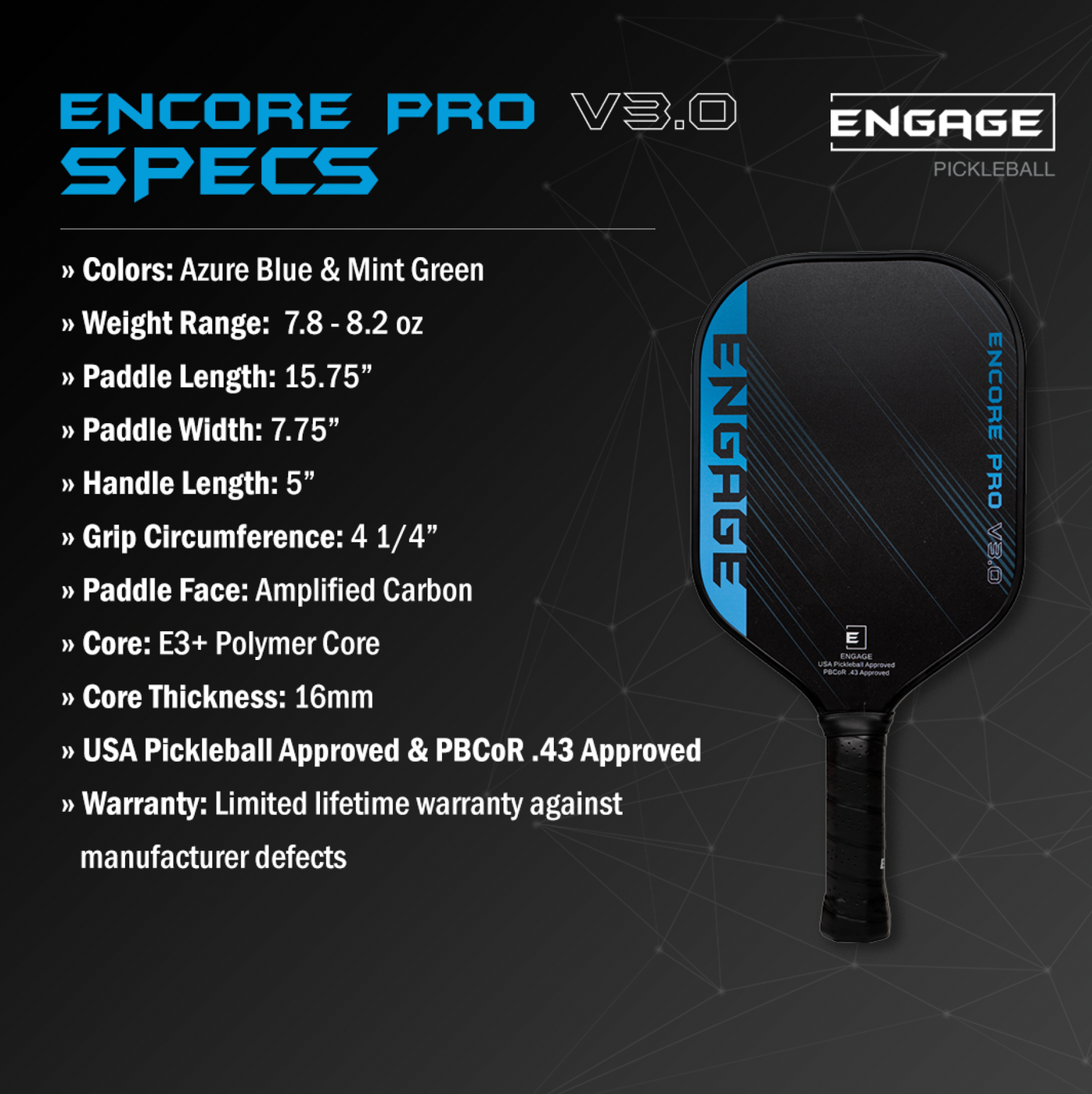 Pala de pickleball Engage Pickleball Encore Pro V3.0 | Piel de carbono auténtica
