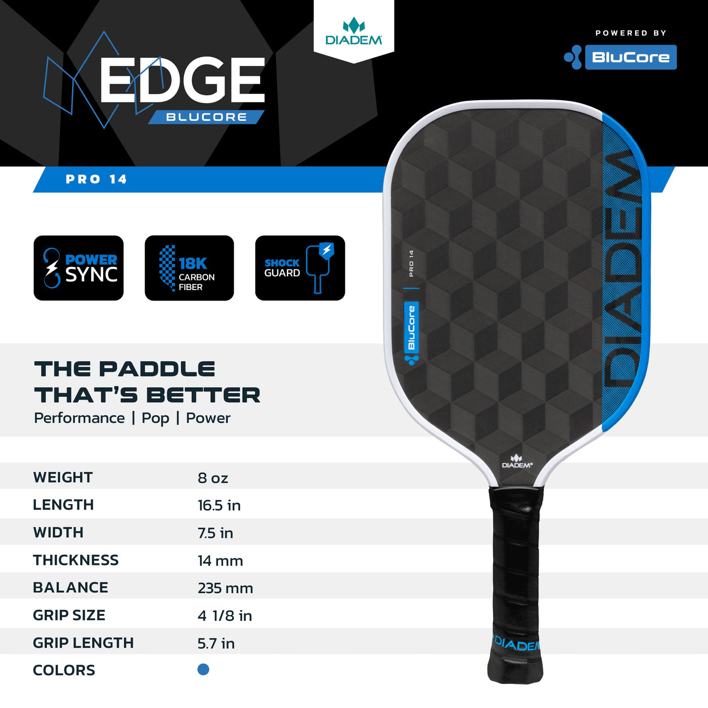 Diadem PIckleball Paddle - Edge BluCore Pro