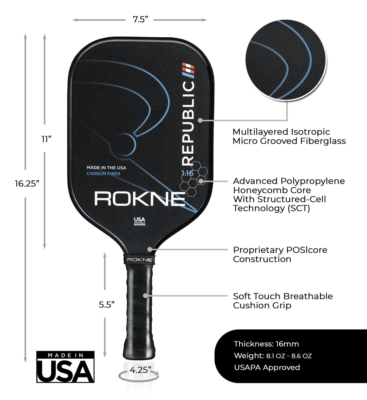 Rokne Pickleball Paddle Republic 1.16 - Isotropic Fiberglass