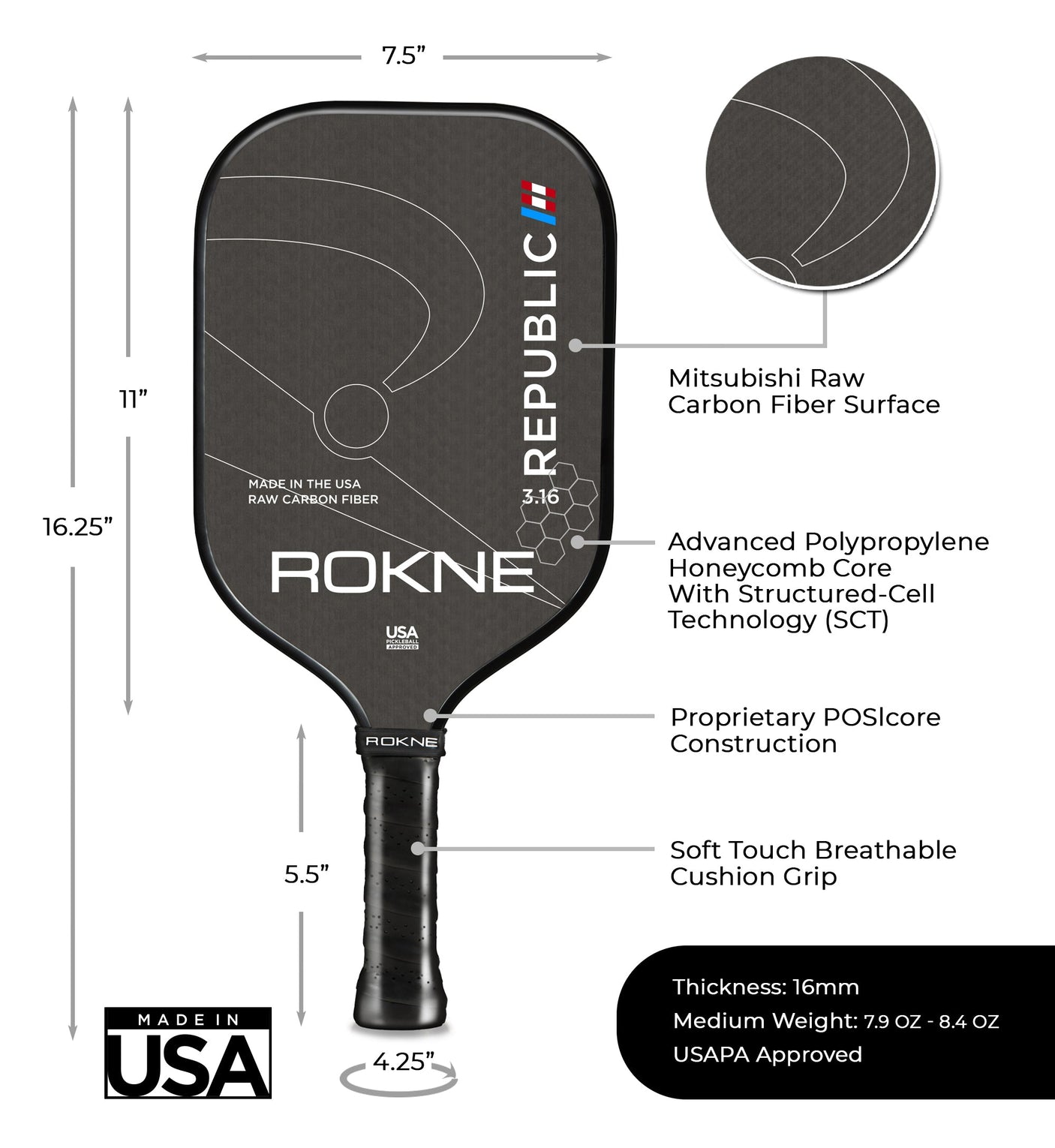 Rokne Pickleball Paddle Republic 3.16 - Raw Carbon Fiber