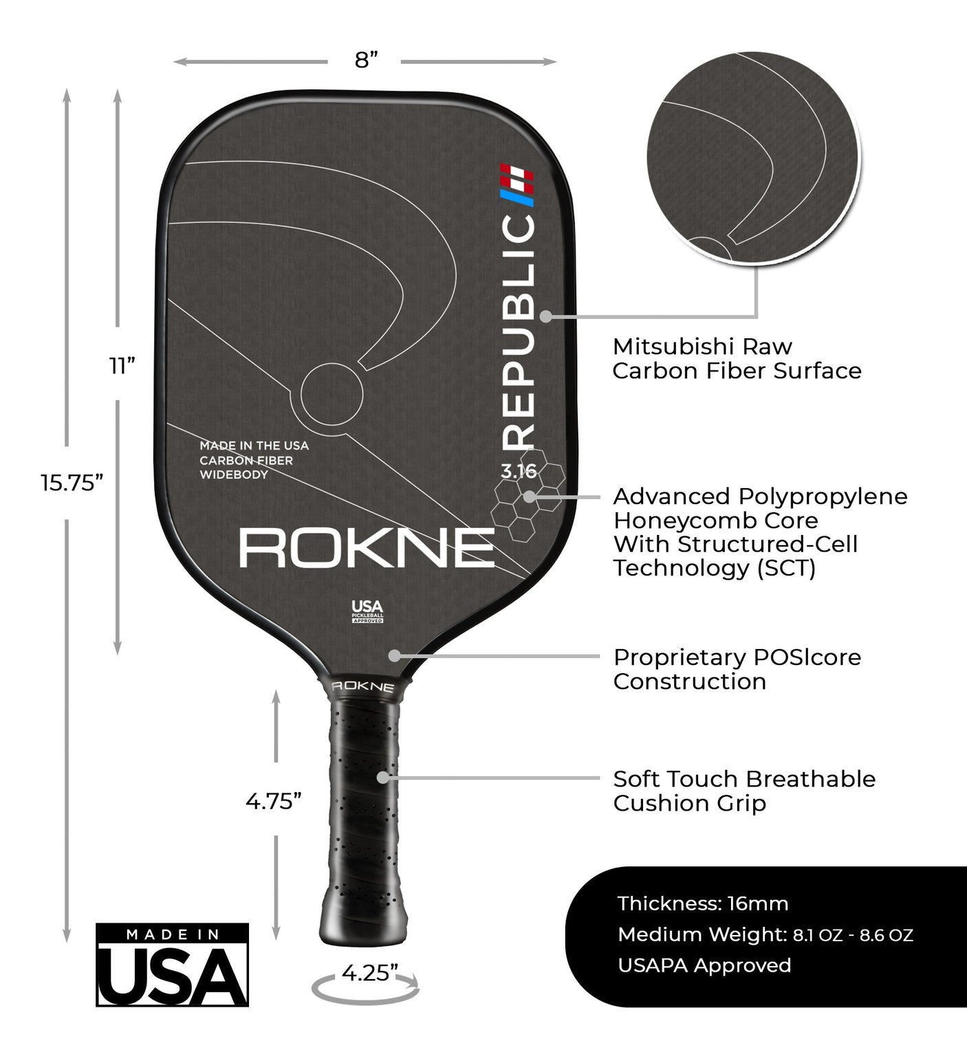 Rokne Pickleball Paddle Republic 3.16 - Raw Carbon Fiber