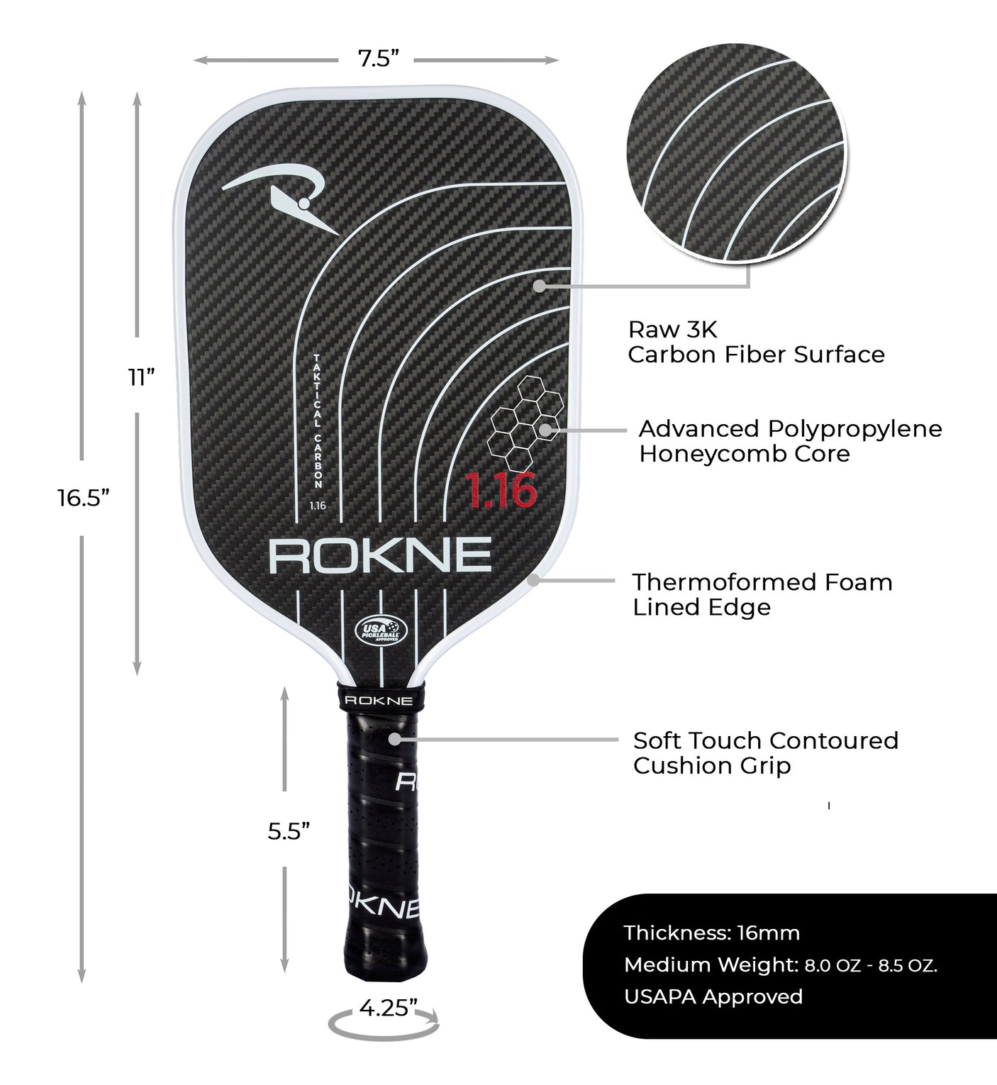 Rokne Pickleball Paddle Taktical Carbon 1.16