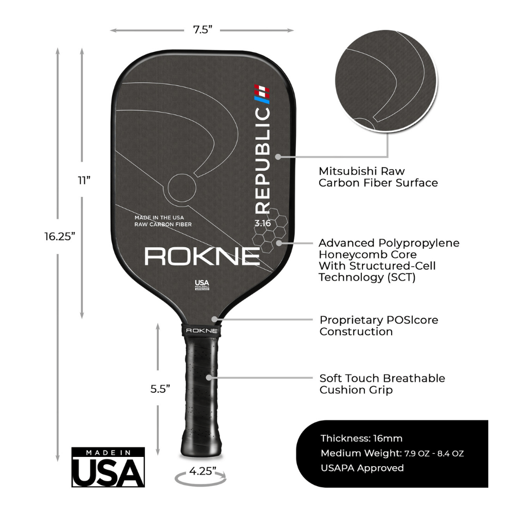 Rokne Pickleball Paddle Republic 3.16 - Raw Carbon Fiber