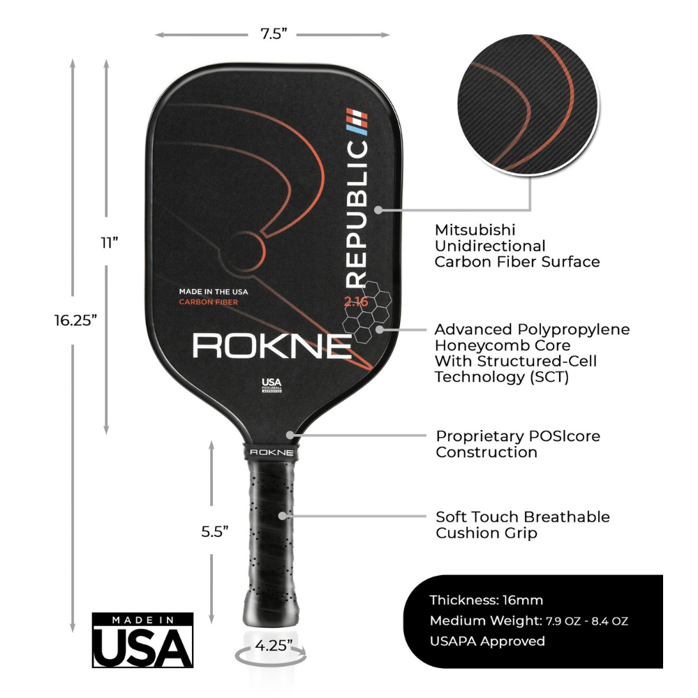 Rokne Pickleball Paddle Republic 2.16 - Unidirectional Carbon Fiber