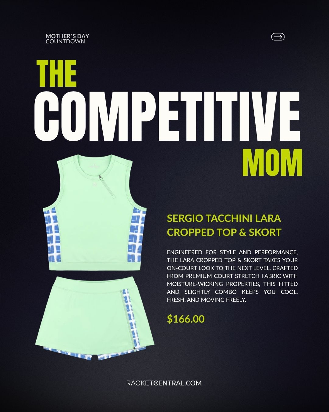 Top corto Lara Green Ash, ropa de pickleball para mujer