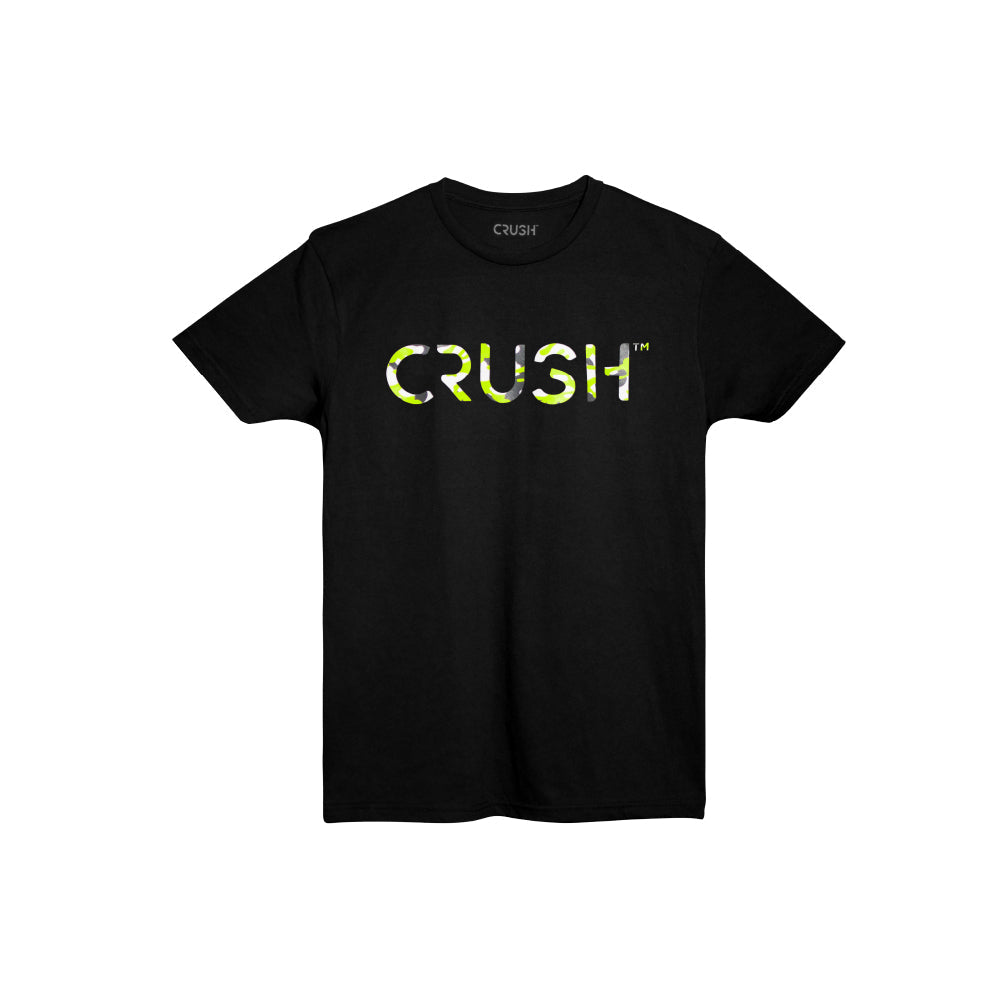 Crush Sports Unisex Camo Lime Green Logo Black Short Sleeved T-Shirt